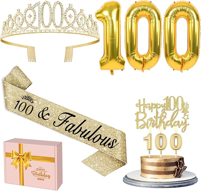 100th Birthday Decorations Women Gold with Crown and Sash, Candles and Cake Topper, Number Balloons, Happy 100th Birthday Party Gifts Supplior