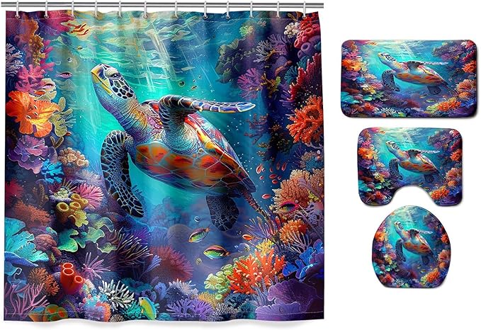 4 Pcs Kids Shower Curtain Set - Sea Turtle Shower Curtain Set Sea Turtle Bathroom Set with Rug,Toilet Cover and Bath Mat with 12 Hooks