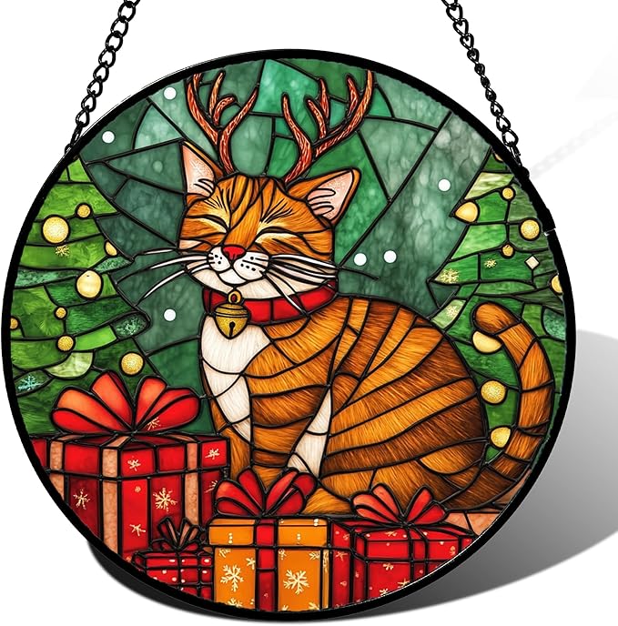 Stained Glass Window Hanging Orange Cat Elk Antler 7.8" - Suncatcher Door Garden Kitchen Sun Catcher Home Decor Birthday Gifts for Lost Pets Mom Men Woman Friend Grandma