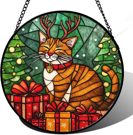 Stained Glass Window Hanging Orange Cat Elk Antler Large 11.8" - Suncatcher Door Garden Kitchen Sun Catcher Home Decor Birthday Gifts for Lost Pets Mom Men Woman Friend Grandma