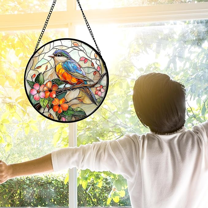 Stained Glass Window Hanging, Blue Bird Pink Flower Suncatcher Diamond Glass Panel Bird Sun Catchers Decor for Birthday for Women, Men, Wife, Aunt, and Mom 9.8 in