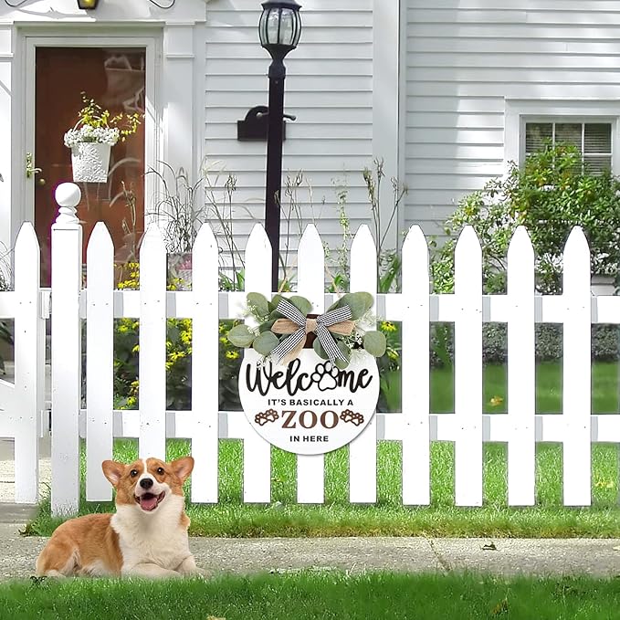 TOARTi 3D Rustic Front Door Welcome Sign Hanging with Bow-Knot Wreath, It's Basically A Zoo in Here Funny Home Porch Wall Decoration, Cute Dog Paws Pet House Decor for Pet Lover Owner Gift