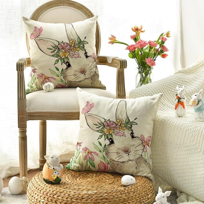AVOIN colorlife Easter Floral Garland Bunny Throw Pillow Cover, 18 x 18 Inch Spring Rabbit Holiday Cushion Case Decoration for Sofa Couch Set of 2
