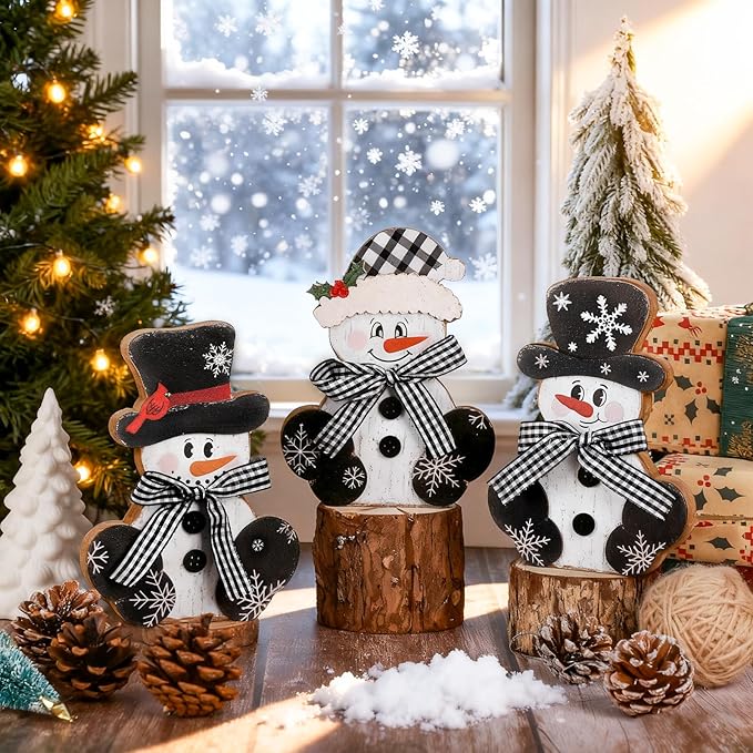 3 Pcs Christmas Wood Centerpieces for Tables Wooden Snowman Table Decor Rustic Merry Xmas Tabletop Signs Block Winter Desktop Decorations Indoor Tiered Tray Office Desk Shelf Home Mantel Holiday Party