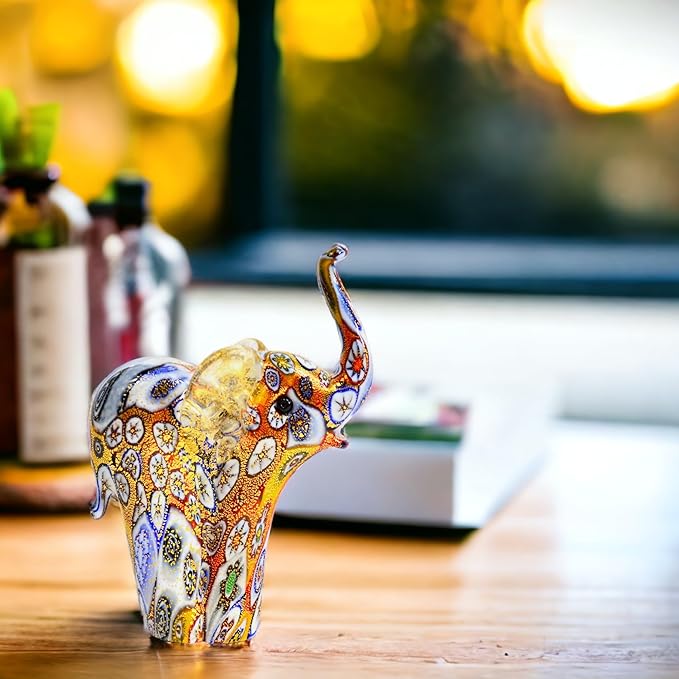 Handmade Authentic Murano Glass Millefiori Mosaic Elephant Figurine, 3.5" Tall, 24K Gold Foil Finish, Cute Glass Elephant Figurine, Collectible, Animal Ornament Gift Decor, Made in Italy