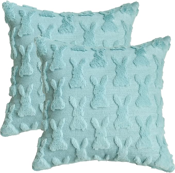 AVOIN colorlife Easter Rabbits Blue Throw Pillow Covers, 18 x 18 Inch Bunny Soft Plush Faux Fur Jacquard Cushion Case Decoration for Sofa Couch Set of 2