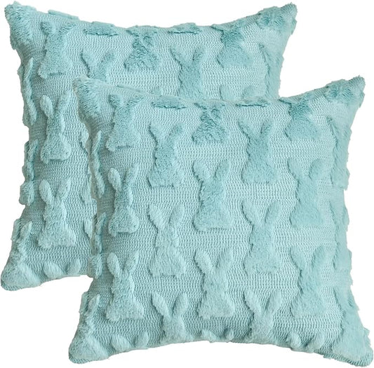 AVOIN colorlife Easter Rabbits Blue Throw Pillow Covers, 18 x 18 Inch Bunny Soft Plush Faux Fur Jacquard Cushion Case Decoration for Sofa Couch Set of 2