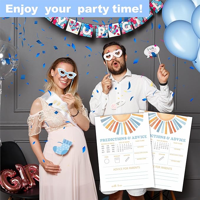 Retro Sunshine Predictions & Advice Baby Shower Game Kit - Here Comes The Sun - 30 Double-Sided Fill In Game Cards For Baby Shower, Gender Reveal Party Favor, Activity & Supplies - D02