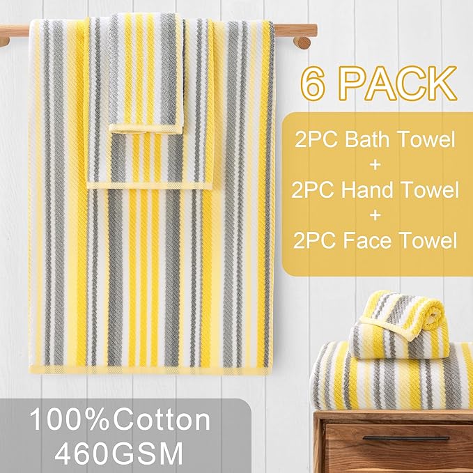 Bath Towels with Hanging Loops, 6PC Striped Towels - 100% Cotton, Quick Dry, Soft, Absorb & Lightweight, 2 Bath 28"x52", 2 Hand 16"x27", 2 Washcloth 13"x13", Shower Towel Decorative Set, Yellow + Gray