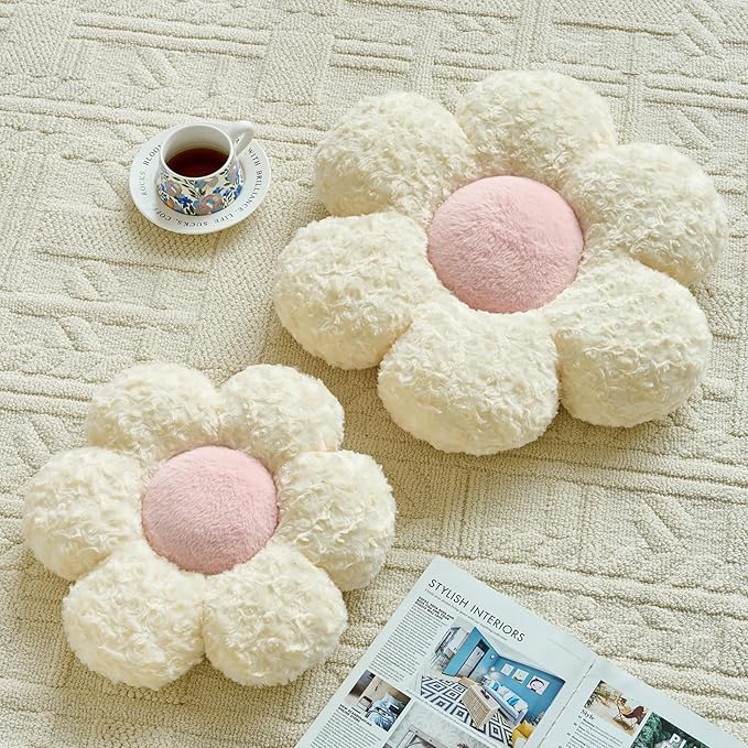 Flower Pillows, Decorative Throw Pillow with Soft Plush for Couch, Flower Shaped Pillow Home Decor Daisy Pillow for Bed (Beige, 19.6 Inches)
