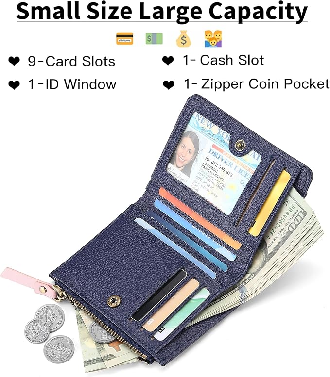 SENDEFN Small Wallet Women Leather RFID Blocking Bifold Zipper Pocket Card Holder with ID Window