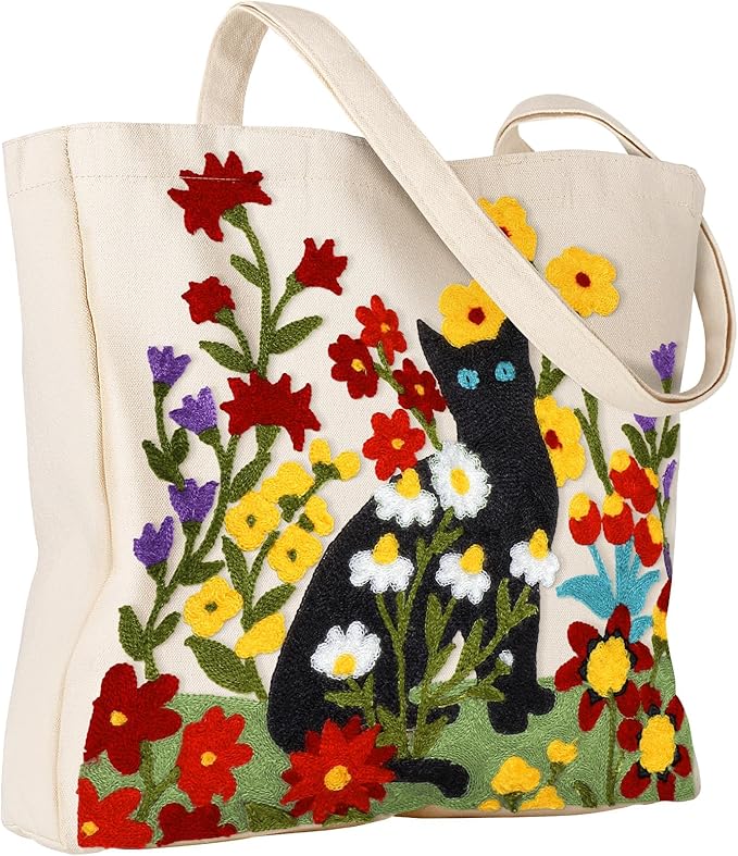 Miss Adola Aesthetic Embroidery Tote Bag for Women - Reusable Canvas Cute Shoulder Bag for Shopping, Grocery, Work, Book