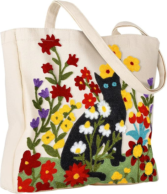 Miss Adola Aesthetic Embroidery Tote Bag for Women - Reusable Canvas Cute Shoulder Bag for Shopping, Grocery, Work, Book