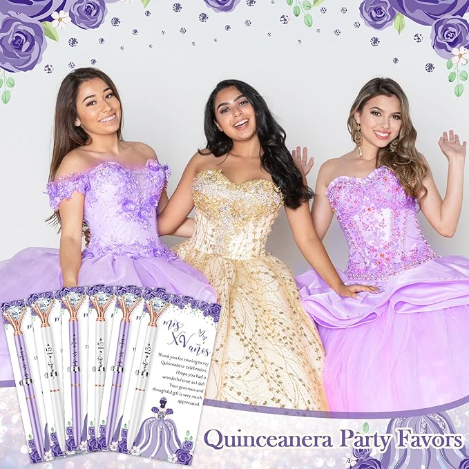 50 Set Quinceanera Party Favors for Guest Sweet 15 Diamond Pens Bulk Mis XV Años Fancy Ballpoint Pen with Thank You Cards and Ties 15th Birthday Thank You Gifts(Purple, White)
