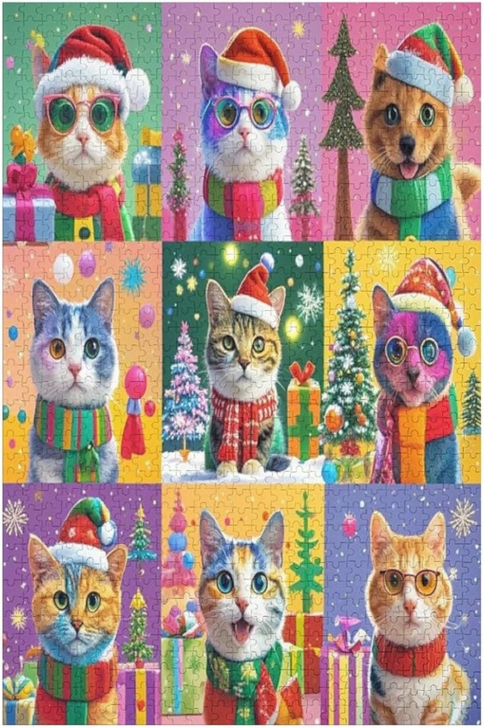 Wooden Puzzle 1000 Pieces Adult - Christmas Cat Puzzle Christmas Puzzles, Holiday Puzzles, Family Toys, Party Games, Jigsaw Puzzle Challenge and Funny