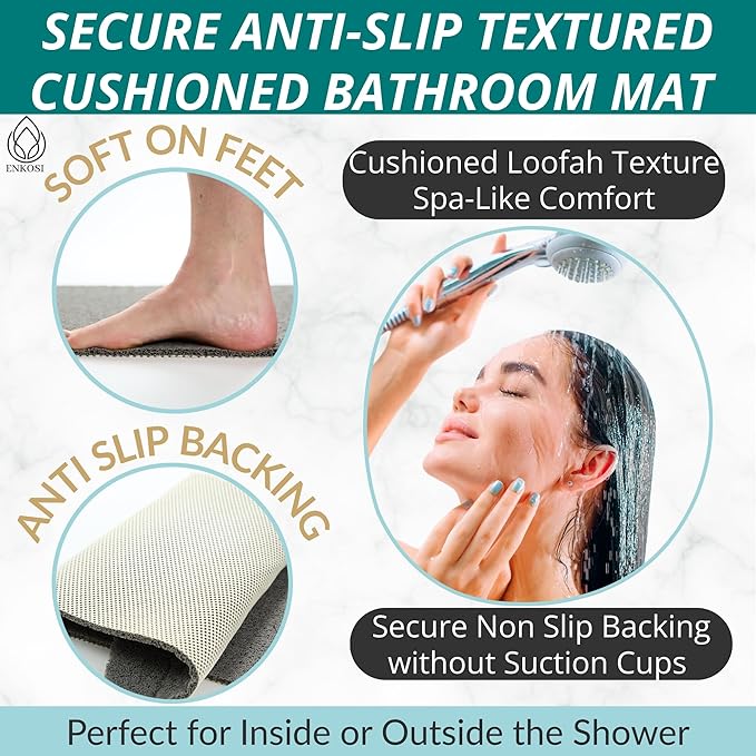 ENKOSI Loofah Non-Slip Shower and Bath Mat - Soft Cushioned Comfort - No Suction Cups for Smooth or Textured Tubs - Fast Draining - Safety for Bathroom, Family, Kids, and Elderly 24x16 (Grey)