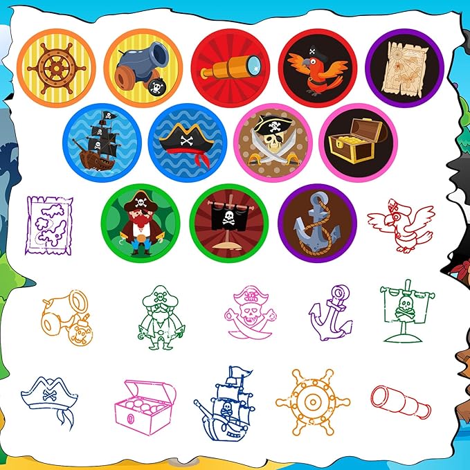 Cinrobiye 24 Pcs Pirate Stampers,Nautical Treasure Hunt Party Favors, Pirate Parrot Skull Birthday Party Supplies, Carnival Prizes Pinata, Goodie Bag Fillers, Classroom Rewards