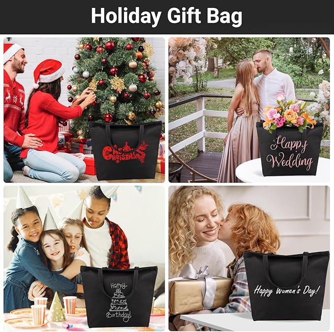 Segarty Canvas Tote, 3 Pack 20x15.7 Black Canvas Shopping Bags for Women, Reusable Natural Cotton Bag Aesthetic with Shoulder Strap, Bulk for DIY, Grocery Shopping, Beach, Travel，Gift