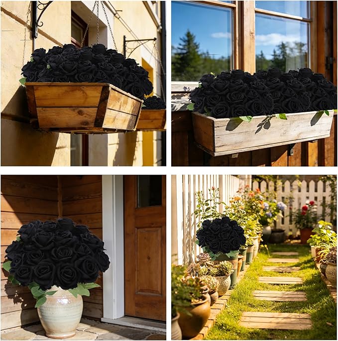 Roses Artificial Flowers, Black Flowers with Stem Valentine Anniversary Sympathy Memorial Gift, Fake Silk Roses Indoor Outdoor Decor for Funeral Wedding Birthday Party Christmas Halloween(24, Black)