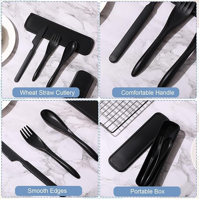 Yahenda 28 Sets Reusable Travel Utensils Set with Case Wheat Straw Cutlery Portable Spoon Knife Forks Plastic Tableware Lunch Box Accessories Bulk for Adults Travel Picnic Camping Utensils(Cold Color)