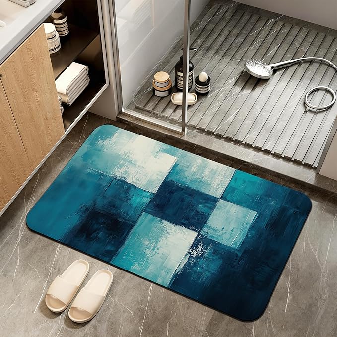Diatomaceous Earth Bath Mat,Art Painting Bath Rugs,Grey Blue Non-Slip Thin Absorbent Fast Drying Easy to Clean for Bathroom Laundry Home Kitchen Door Mat 17x29.5Inch