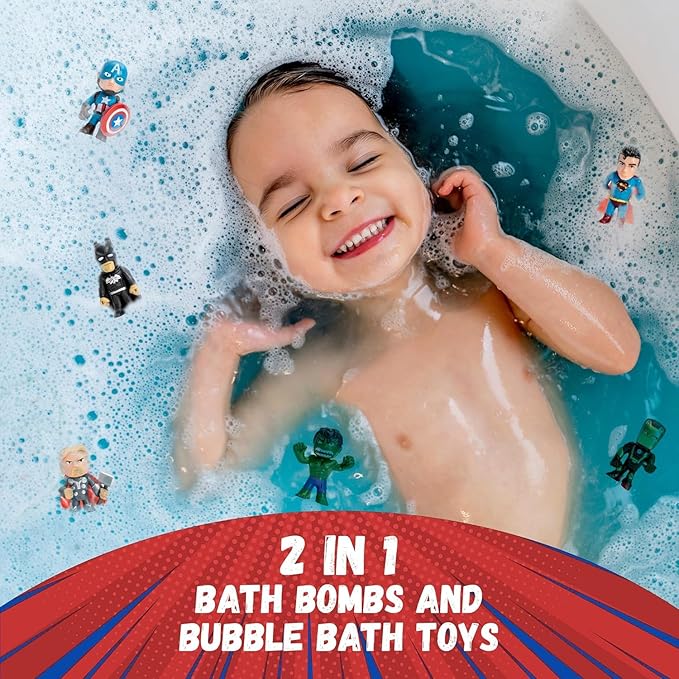 Superhero Bath Bombs for Kids with Surprise Toys Inside (6 Pack) - Large Bubble Bomb Fizzies for Boys, Girls, & Toddlers - Fruity Scents, Relaxing Aromas, Made in USA, Birthday Gift by Two Sisters