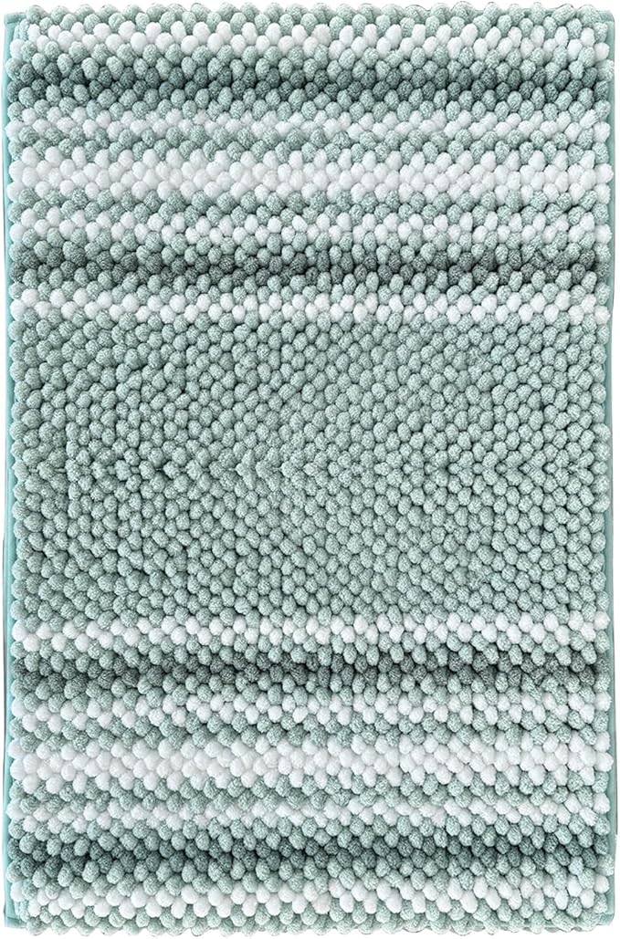 HDFK Bath Mat & Bathroom Rugs, Soft Looped Popcorn Chenille Non-Slip Shower Rug, Super Absorbent & Odorless Hot Melt Adhesive Striped Carpet for Bathtub Floors (24x17 Inch, Light Turquoise Blue Green)