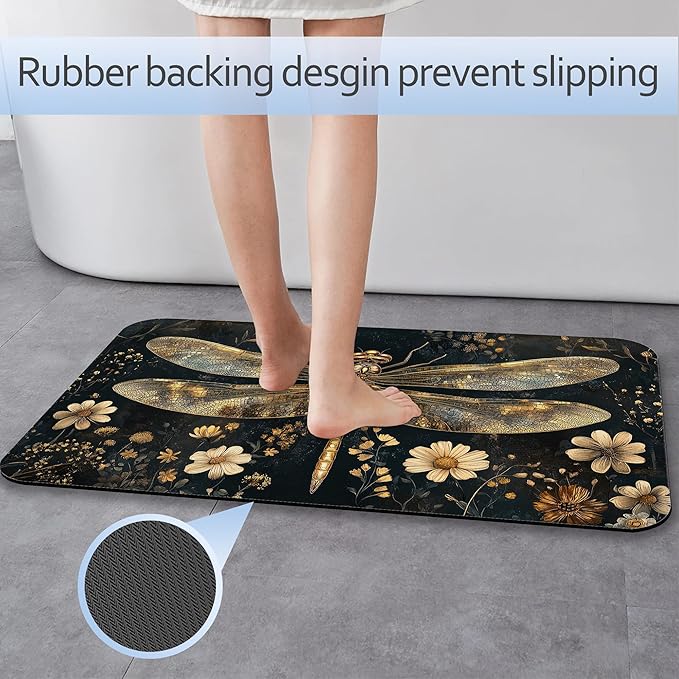 Vintage Dragonfly Bathroom Rug 29.5"x17",Flowers Quick-Drying Super Absorbent Diatomite Bath Mat with Non-Slip Backing, Thin Washable Bathroom Floor Mat Fits Under Door for Shower, Sink, or Tub