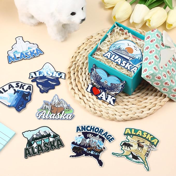18 Pcs Alaska Cruise Fridge Magnetic Stainless Steel Alaska Cruise Refrigerator Magnetic Stickers Include Polar Bears, Whales, Moose, Glacier Signs Magnet for Carnival Stateroom Cabin Party Decor