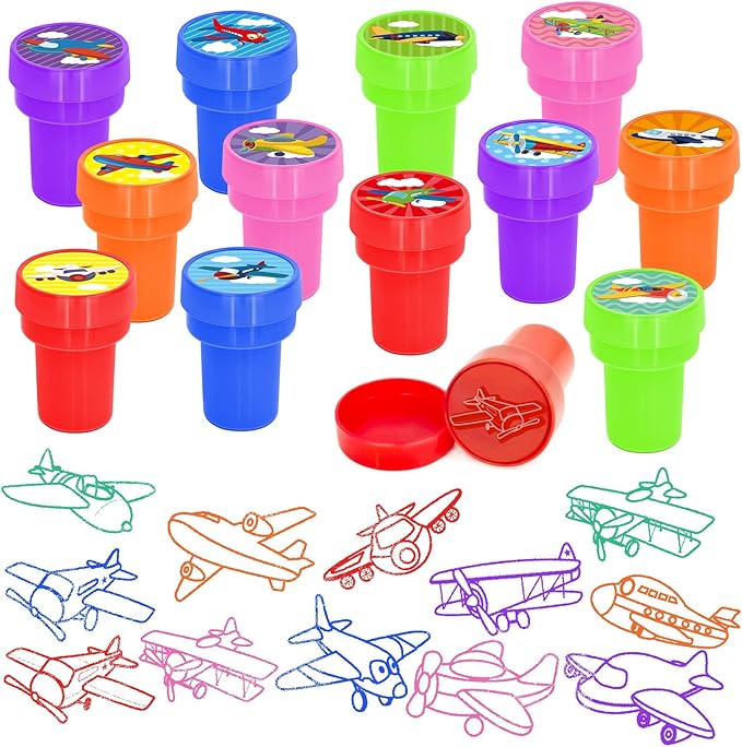 Cinrobiye 24 Pcs Airplane Stampers for Boys Girls, Aviation Party Supplies Favors, Classroom Rewards, Carnival Prizes, Goody Bag Pinata Fillers for Let’s Fly Travel Party