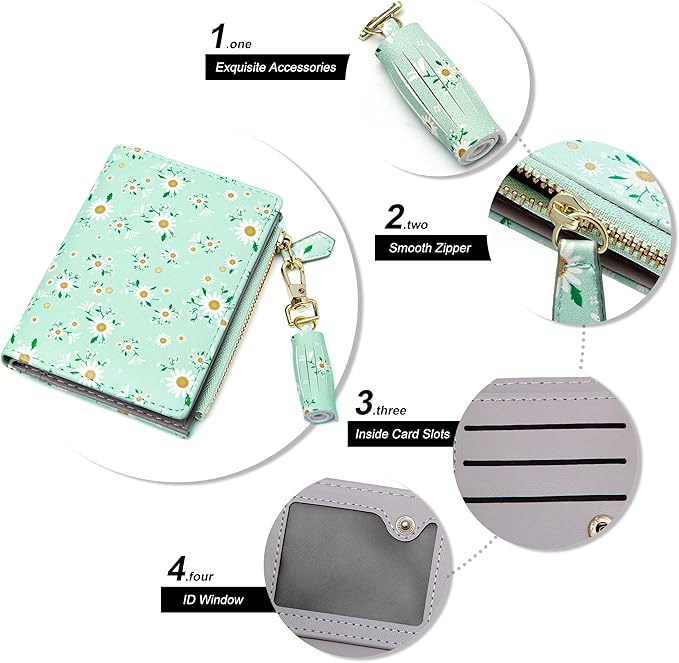 GEEAD Small Wallets for Women Bifold Slim Coin Purse Zipper ID Card Holder PU Leather Printed Blue Daisy
