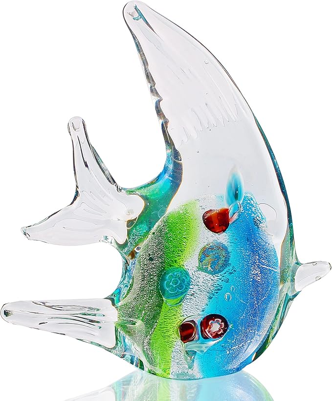 Hophen Angel Fish Art Glass Blown Handmade Sea Animal Figurine Sculpture Home Decor Collectible Statue Paper Weight Gift Ornament (Small Green)