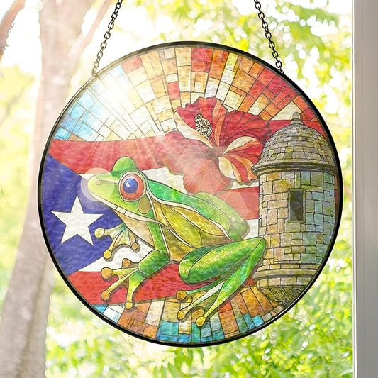 FLAGWIX Puerto Rico Gifts - Stained Glass Window Hanging 8 in for Home Garden Decor - Puerto Rican Gifts for Women Men, Coqui Sun Catchers Indoor Window, House Warming Gift for Mom Dad Friend