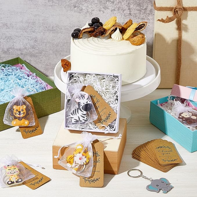 270 Pieces Cute Jungle Animal Keychains Safari Baby Shower Decorations Zoo Animals Decoration with Thanks Tags and Organza Bags for Birthday Favor