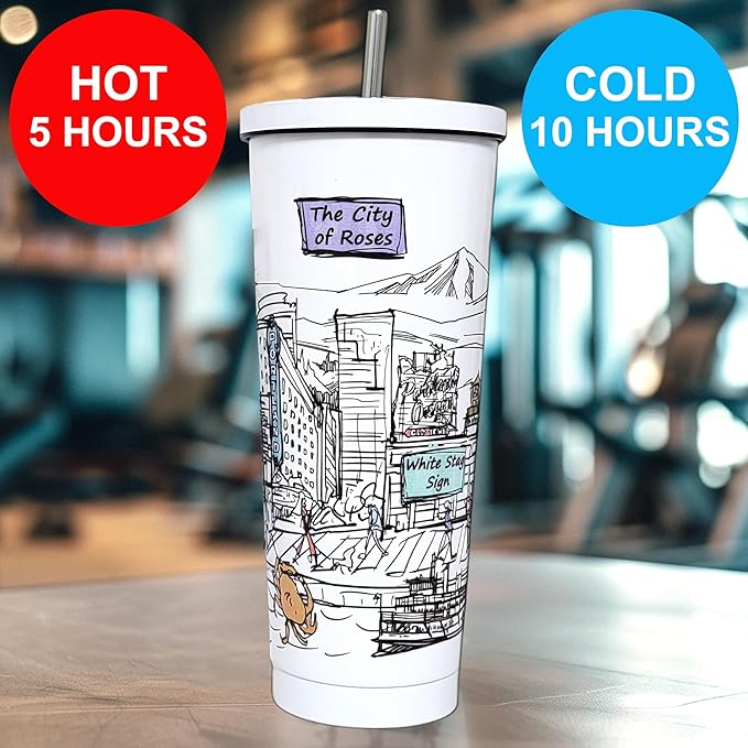 Cities Around the World 25 Oz Tumbler Series- Designed in the USA- Vacuum Insulated Tumbler with Lids Straw - Stainless Steel Coffee Water Travel Mug, Cup for Hot Cold Drink (Portland)