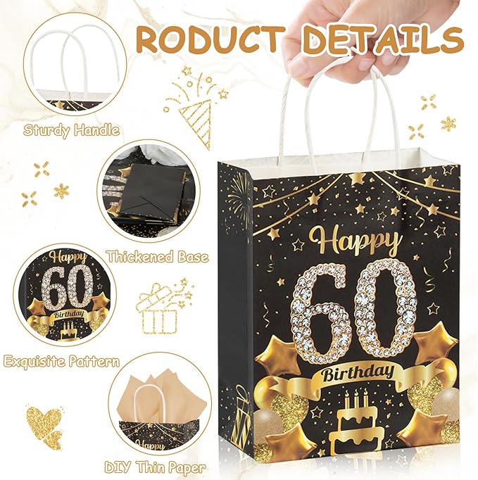 50Pcs 60th Birthday Party Favors Gift Bags Bulk, Black and Gold Happy 60th Gift Candy Wrap Bags with Tissue Paper, Vintage 60th Birthday Decorations Souvenir Bag for Men Women Anniversary Supplies (60th)