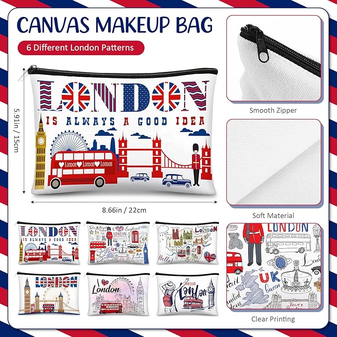Reginary 6 Pcs City Cosmetic Bag Souvenir Gifts New York Zipper Pouch Chicago Souvenir Seattle Boston Nashville London Paris Italy Alaska Gifts Memento for Women Traveler(London)