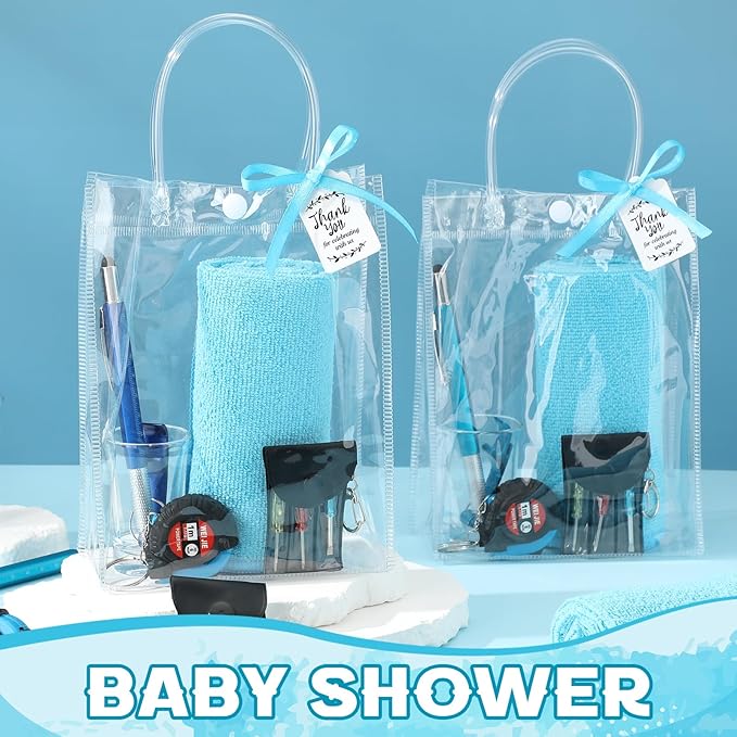 Leinuosen 6 Set Baby Shower Prizes for Men with Cleaning Cloth Bottle Opener Screwdriver Tape Measuring Keychain Multi Tool Pen Gift Bag Baby Shower Game Prizes for Winner(Blue,Classic Style)