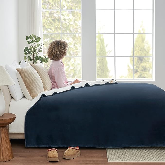 UGG Nita King/California King Blanket Fleece Fluffy Reversible Soft Fuzzy Bedding Cozy Plush Warm Oversized Blanket Machine Washable Bedroom Decor for Big Couch or Bed, 110-inch x 90-inch, Navy Blue