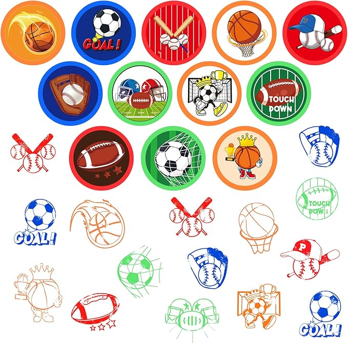 Cinrobiye 24 Pcs Sports Themed Stampers for Kids，Pre-Inked Football Basketball Baseball Soccer Stamps for Birthday Party Favors Classroom Rewards Goodie Bag Fillers Sports Party Supplies (Sports)