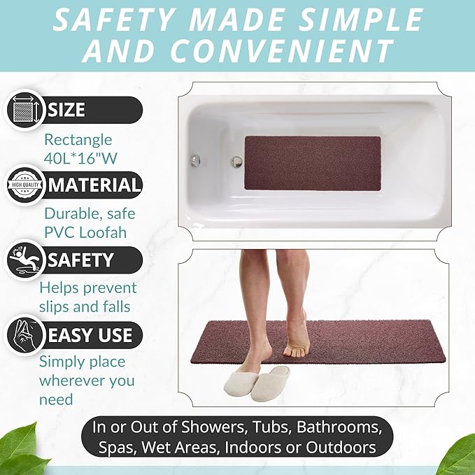 Non Slip Bathtub Mat Shower Mat for Tub - Loofah Bath Mats for Bathroom - 40x16 Bathtub Floor Mat - Textured Anti Slip Bath Mat Without Suction Cups - Secure Mat for Wet Areas (40x16 Brown)