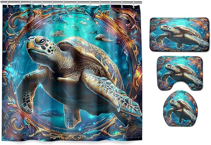 4 Pcs Sea Turtle Shower Curtain - Under The Sea Shower Curtain for Bathroom Ocean Bathroom Sets with Curtain and Rugs