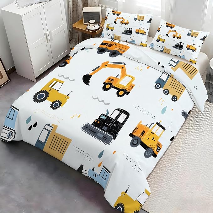 Cartoon Construction Vehicles Duvet Cover Twin Size Excavator Bulldozer Bedding Set Children's Cartoon Cars Comforter Set Colorful Engineering Comforter Cover with Pillowcases for Bedroom