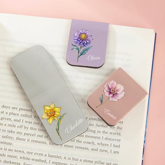 callie Personalized Magnet Bookmark Clips - Custom Retro Birth Flower & Name, Leather Magnetic Book Page Marks, Gifts for Women Men Book Lovers