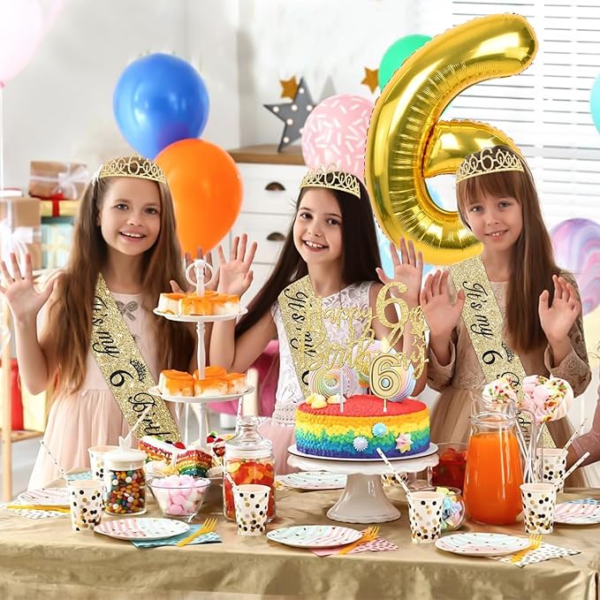 6th Birthday Decorations for Girl with 6th Birthday Sash and Tiara, Candle and Cake Topper, Number Balloon, 6 Year Old Girl Gifts