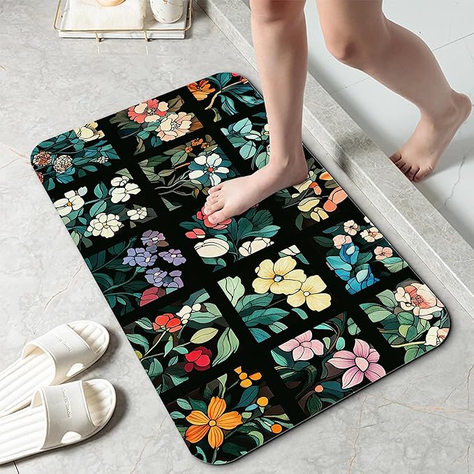 Bathroom Rug 29.5"x17", Groovy Abstract Flowers Bath Mat with Non-Slip Rubber Backing, Quick-Drying Absorbent Thin Floor Mat for Bathroom, Shower, Sink, or Kitchen