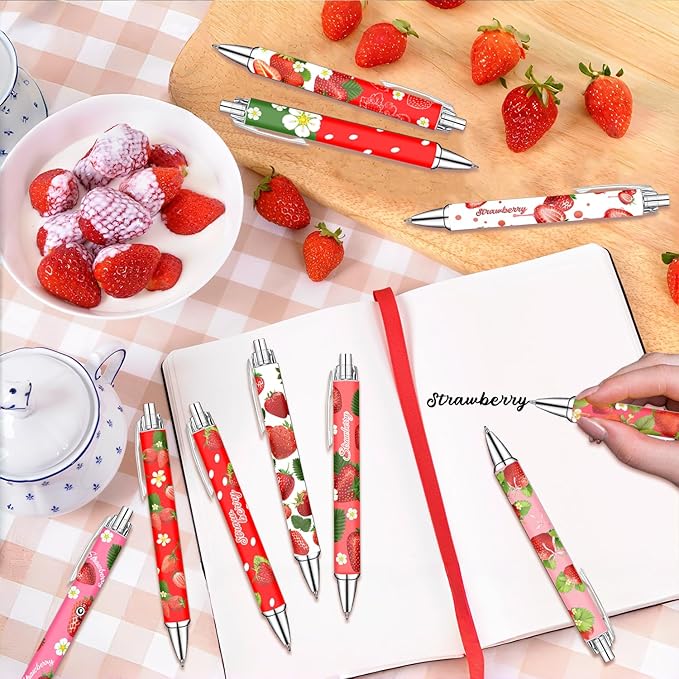 Idealmuzik Strawberry Theme Ballpoint Pens Set of 8 – Cute Strawberry Pattern Design with Smooth Black Ink – Aesthetic Writing Pens for Office, Home, Party Favors, and Gifts