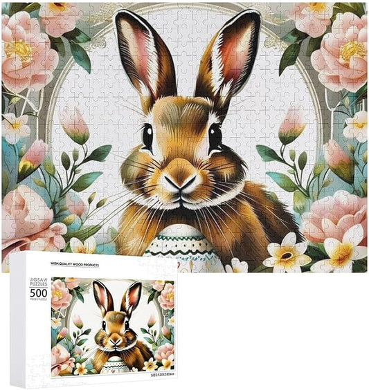 Wooden Puzzle - Easter Bunny with Flower Easter Egg Jigsaw Puzzles，Wooden Puzzles for Adults 500 Pieces Challenge Puzzles，Educational Games，Family Puzzles，Unique Gifts for Wall Art