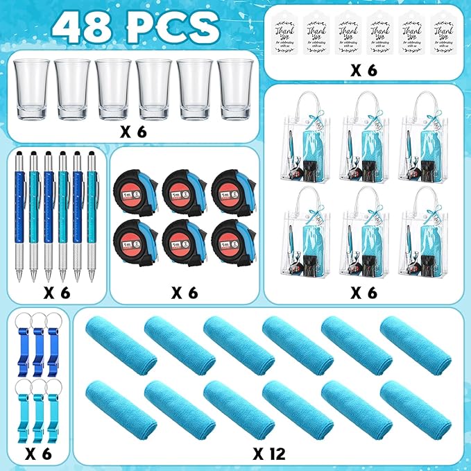 Leinuosen 6 Set Baby Shower Prizes for Men with Cleaning Cloth Bottle Opener Screwdriver Tape Measuring Keychain Multi Tool Pen Gift Bag Baby Shower Game Prizes for Winner(Blue,Classic Style)