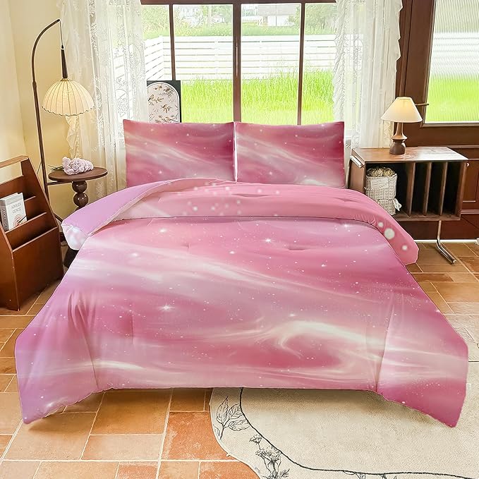 Full Size Bedding Sets Kids Bedding Sets for Girls, Galaxy Bedding 5 Pieces Bed in A Bag Full Size, Glitter Colorful Comforter for Girls
